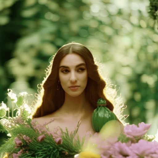 An image capturing the essence of Virgo: A serene, ethereal depiction of a graceful virgin surrounded by lush greenery, meticulously arranging a bouquet of delicate flowers with a gentle touch