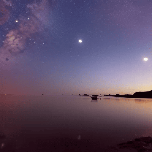 An image showcasing a serene coastal scene at dusk, with a Cancer symbol in the sky formed by twinkling stars