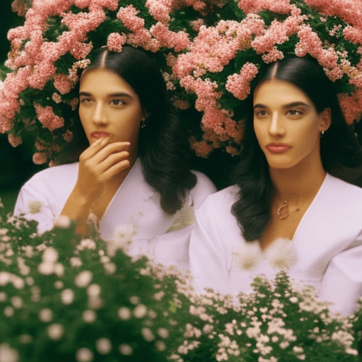 An image showcasing two identical Taurus twins, sitting side by side, surrounded by blooming flowers and lush greenery