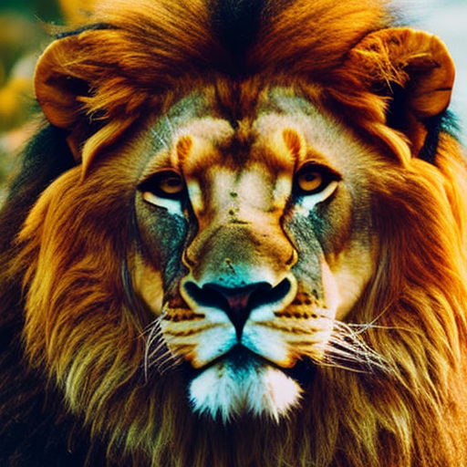 An image showcasing a powerful lion against a vibrant backdrop of fiery oranges and golden yellows