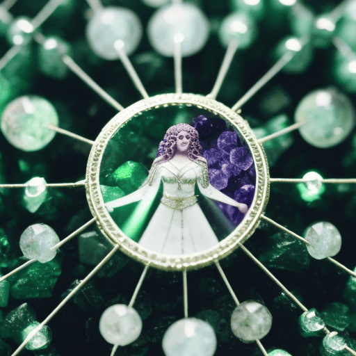An image showing a Virgo surrounded by an array of amethyst, clear quartz, and green aventurine crystals, perfectly balanced on a crystal grid, emanating a serene and harmonious energy