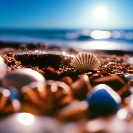 An image showcasing a serene moonlit beach, where a Cancer zodiac sign gathers shells and places them delicately on a crystal-infused altar, surrounded by soothing blue and silver gemstones