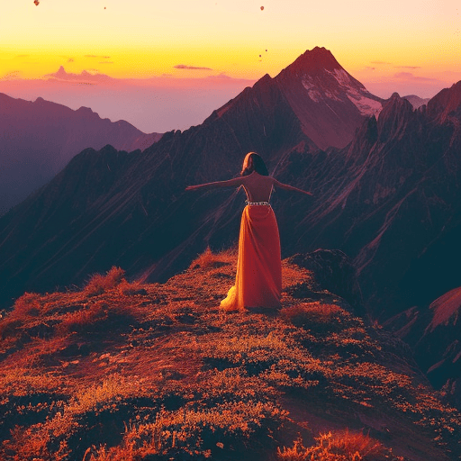An image capturing the essence of a Sagittarius' dreams: a towering mountain peak kissed by the vibrant hues of a sunset, a shooting star streaking across the starlit sky, and a wanderer embracing the world with open arms