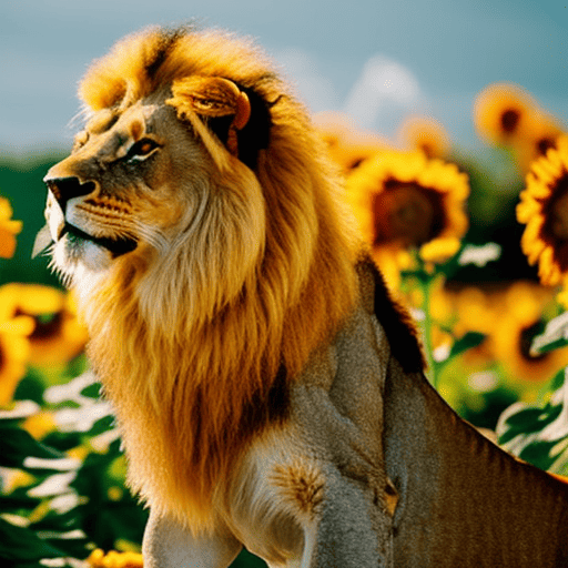 A vibrant image showcasing a regal lion surrounded by a radiant tapestry of sunflowers, marigolds, and fiery orange roses, symbolizing Leo's majestic and empowering connection to nature's floral realm