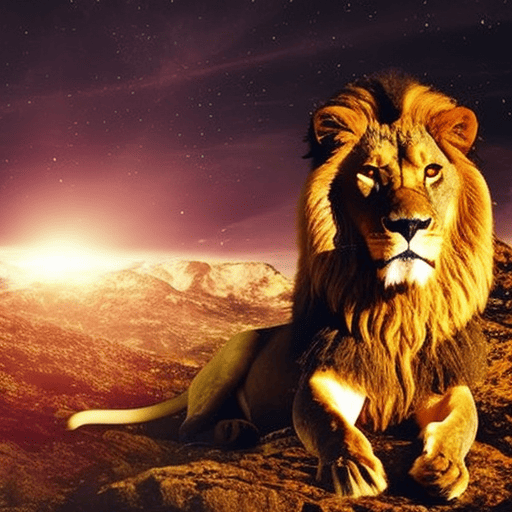 An image capturing the essence of a majestic lion, basking in a golden spotlight amidst a vibrant cosmic backdrop