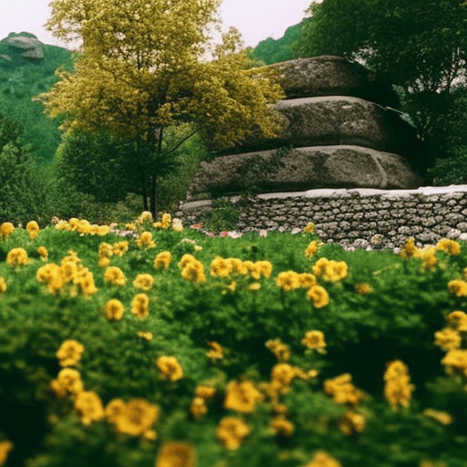 An image depicting a lush garden with blooming flowers, surrounded by a sturdy stone wall