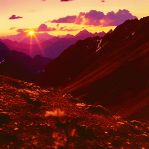 An image that depicts a vibrant sunset over a rugged mountain range, with an assertive Aries confidently leading the way, their fiery spirit illuminating the path ahead, as stars align and symbolize their future