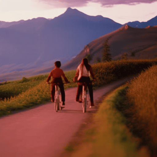 An image showcasing a vibrant Sagittarius couple riding bicycles through a scenic countryside, their hair flowing in the wind, with a backdrop of breathtaking mountains and a setting sun painting the sky with warm hues
