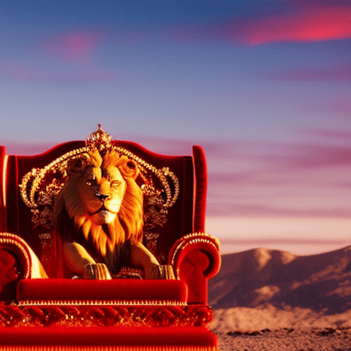 An image of a majestic lion sitting atop a lavish throne adorned with red velvet and gold accents, surrounded by a warm, romantic glow