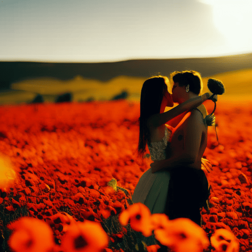 An image showcasing a fiery sunset over a vibrant field of red poppies, with an Aries gracefully embracing their lover amidst the passionate blaze, symbolizing the intense and adventurous love life of Aries
