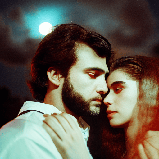 An image capturing the essence of Scorpio's love life: a couple embracing under a moonlit sky, their eyes locked with intense passion, surrounded by a mysterious aura that symbolizes the depth and intensity of their connection