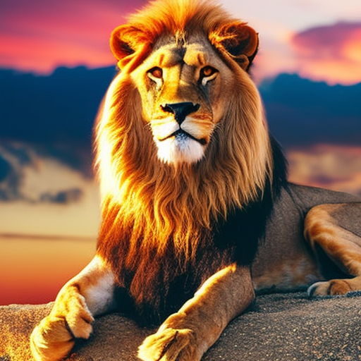 An image showcasing a majestic golden lion, standing tall against a vibrant backdrop of a blazing sunset