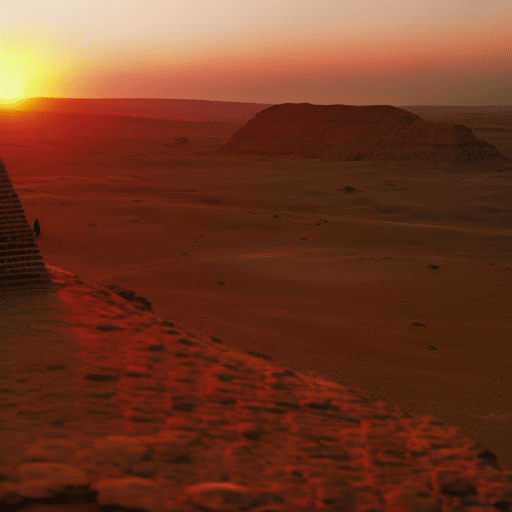 An image depicting a vibrant sunset over an ancient Egyptian desert, where a regal lion-headed pharaoh stands atop a pyramid, symbolizing Leo's past life as a powerful ruler