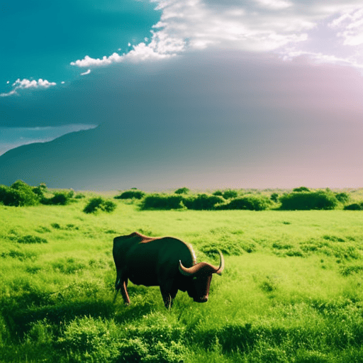 An image displaying a serene, lush green meadow with a majestic bull standing in the center, radiating strength and determination