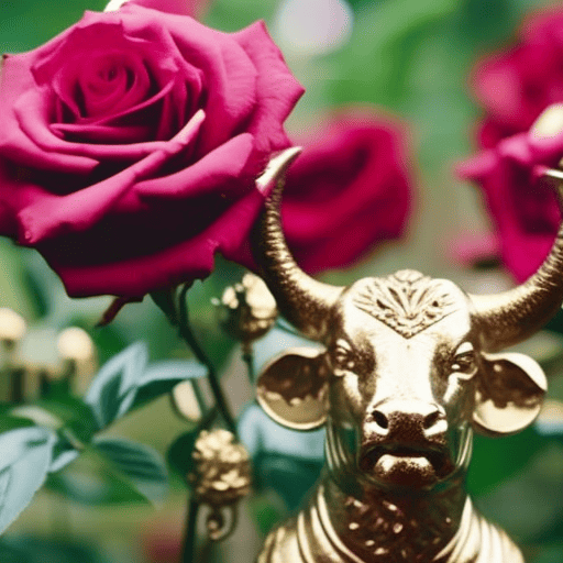 An image showcasing Taurus and Venus: a luxurious garden with blooming roses, soft earth tones, and a serene, elegant bull surrounded by opulent beauty, representing Taurus' grounding sensuality and Venus' harmonizing influence