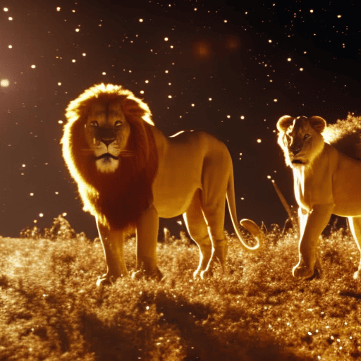 An image showcasing the zodiac signs and their planetary rulers: A majestic golden lion representing Leo basking under a radiant sun, while Gemini's twins gracefully dance among the stars, guided by the enchanting glow of Mercury