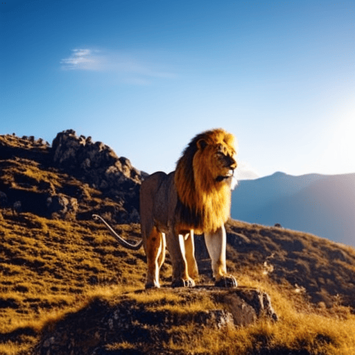 An image capturing the Leo's spiritual journey: a majestic lion, illuminated by the golden rays of the sun, standing on a mountaintop, exuding confidence and radiance, symbolizing their innate power and self-expression