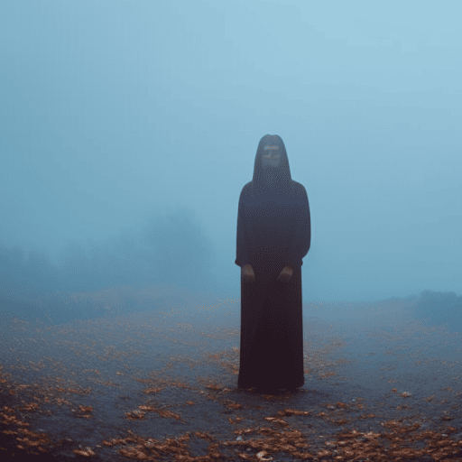 An image of a solitary figure hidden in shadows, enveloped by a dense fog