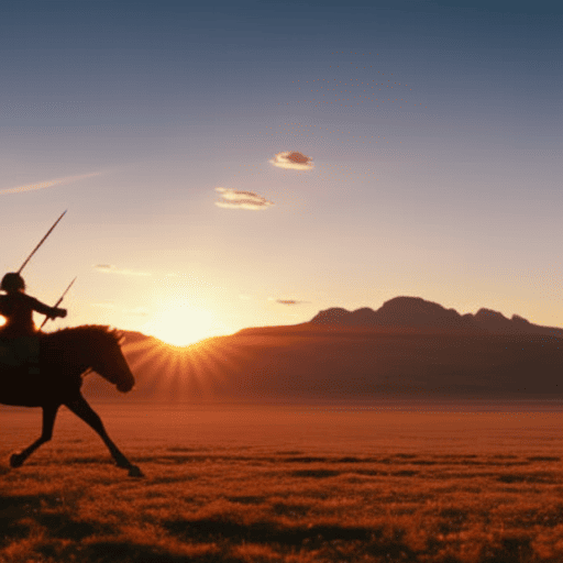 An image of a spirited Sagittarius, adorned with a quiver of arrows and a bow, galloping on a majestic centaur through vast open plains, as the sun sets behind a mountain range
