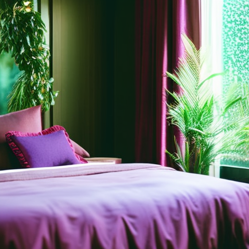 An image showcasing a serene bedroom adorned with deep shades of purple and burgundy