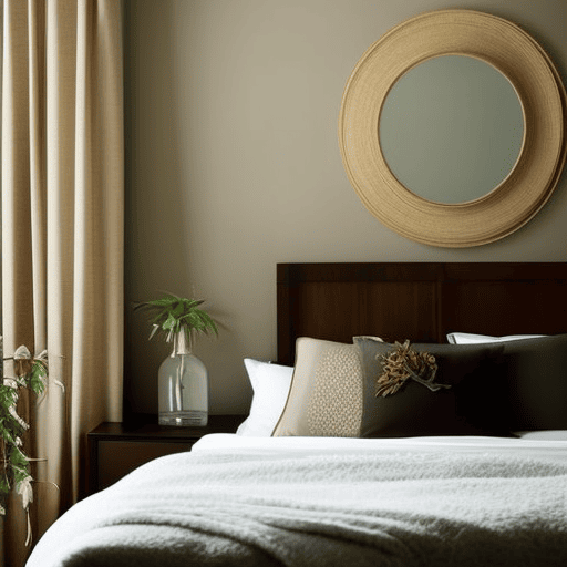 An image depicting a serene bedroom adorned with soft, muted colors and cozy textures