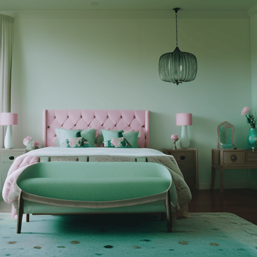 An image showcasing a serene bedroom with soft, pastel hues and a harmonious blend of yin and yang elements