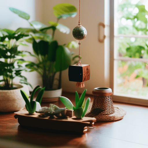 An image showcasing a serene living room bathed in natural light, adorned with vibrant green plants, a cozy reading nook, and a delicate wind chime