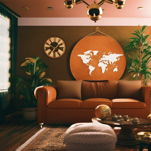 An image showcasing a vibrant living room with a contemporary globe-shaped chandelier hanging above a cozy, earth-toned couch