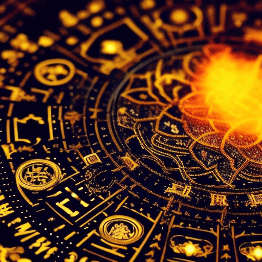 An image showcasing a vibrant canvas adorned with intricate brushstrokes, depicting twelve celestial figures representing the Zodiac signs, their unique symbols entwined with famous literary and artistic masterpieces, exemplifying the profound influence of the Zodiac signs on art and literature throughout history