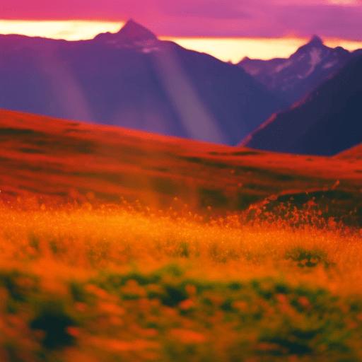 An image showing a vibrant sunset over a majestic mountain range, with a solitary ram standing proudly on the highest peak