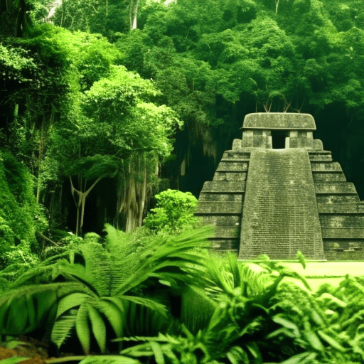An image depicting a Mayan temple surrounded by lush rainforest