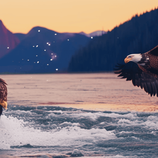 An image showcasing the Native American Zodiac animal totems as spiritual guides: a majestic bald eagle soaring through a vibrant sunset, a wise gray wolf under a starry night sky, and a graceful salmon swimming against a rushing river