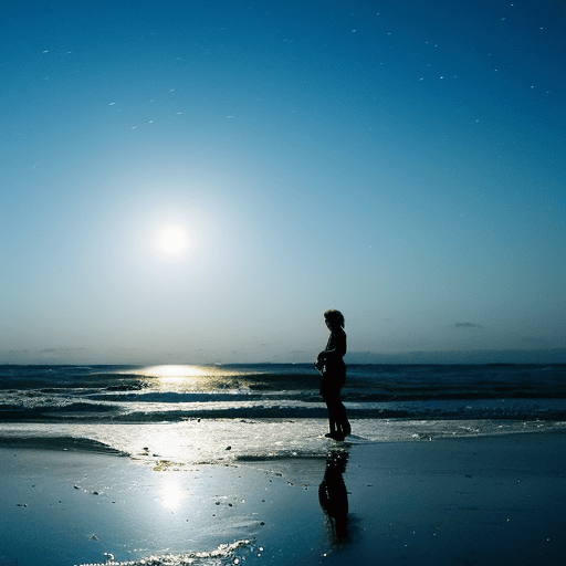 An image of a serene moonlit beach with a gentle tide rolling in