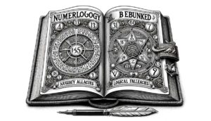 Detailed illustration of an ornate, ancient-looking book titled 'Numerology Debunked'. The book lies open, revealing intricate diagrams of numerology symbols juxtaposed with logical fallacies symbols. A quill pen marks discrepancies.