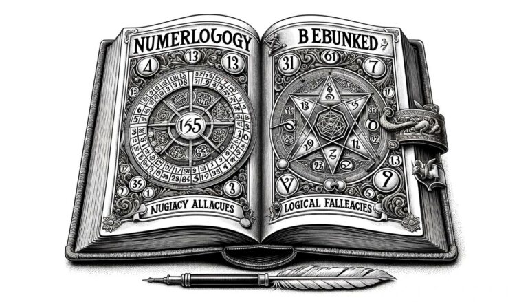 Detailed illustration of an ornate, ancient-looking book titled 'Numerology Debunked'. The book lies open, revealing intricate diagrams of numerology symbols juxtaposed with logical fallacies symbols. A quill pen marks discrepancies.
