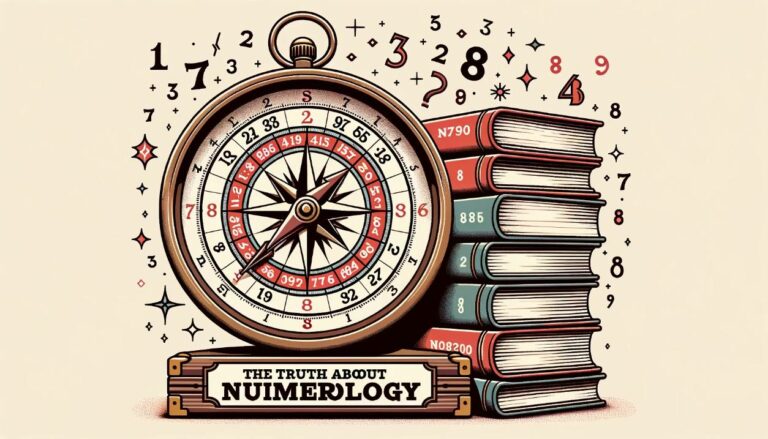 Vector design of a broken magic crystal ball with numerology numbers inside, surrounded by shattered pieces. Next to it, a textbook titled 'The Myths of Numerology' is open to a page debunking common beliefs.