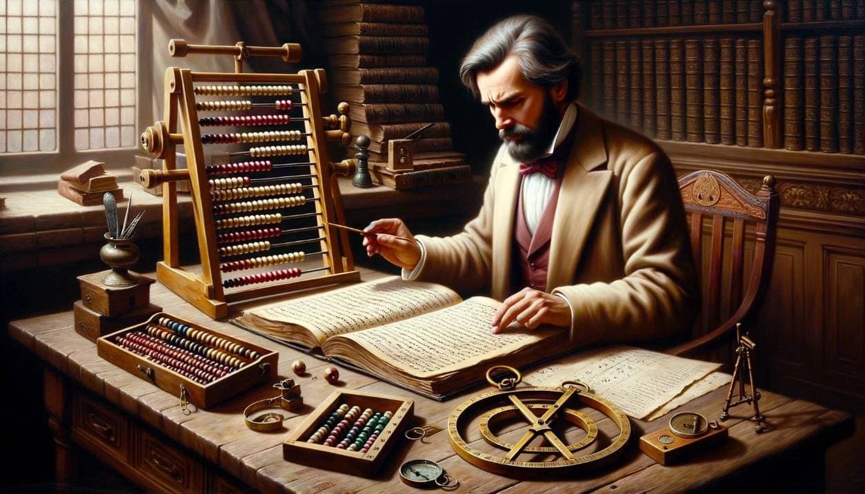 Oil painting of an astute mathematician in a historic setting, scrutinizing a numerology manuscript. On a wooden desk, instruments like an abacus and compass indicate the tools he's using to debunk the myths. - Why Numerology is Wrong - The Hidden Flaws of Numerology (8)